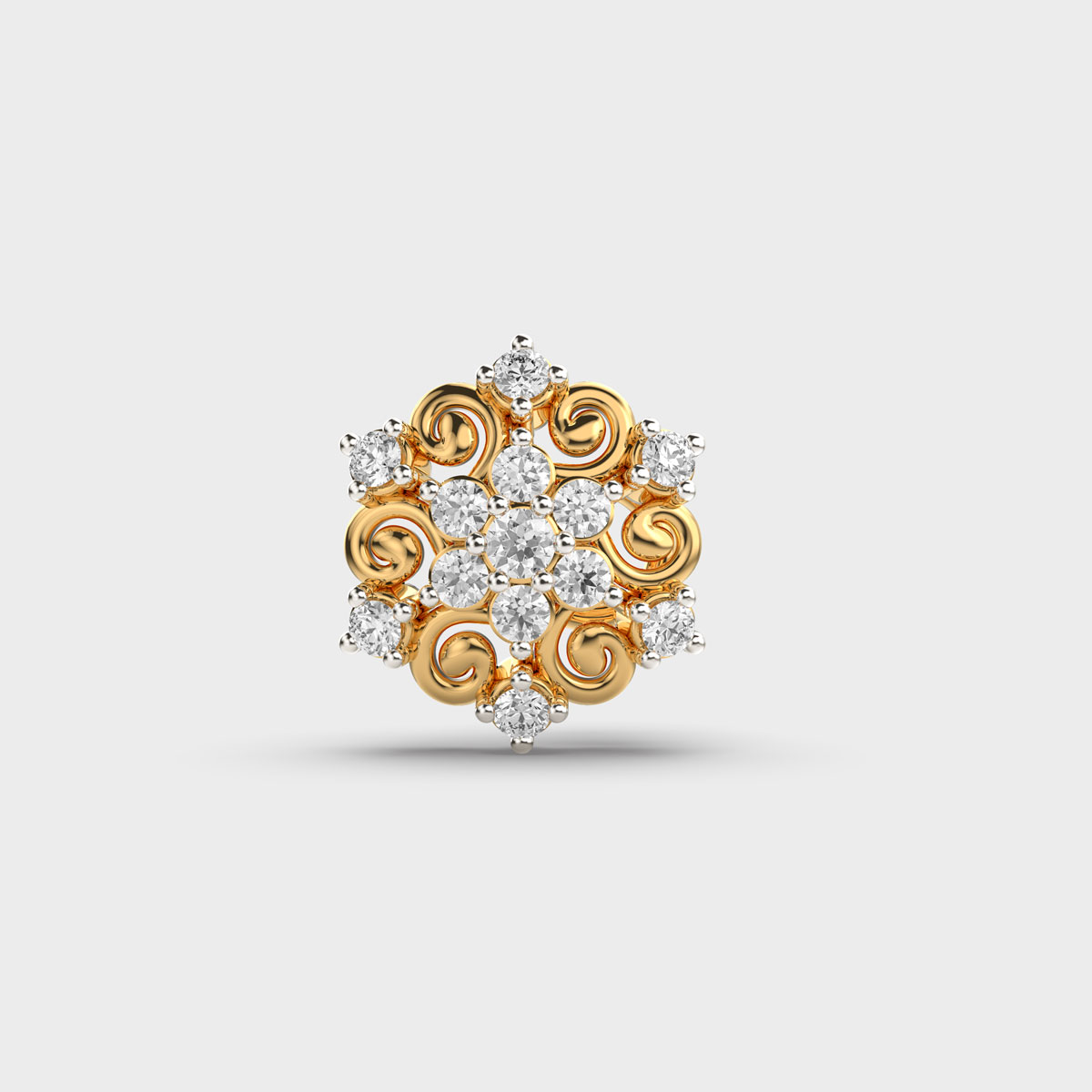 Ornate Floral Diamond Nose Pin with Vintage Swirl Detailing - Image 1