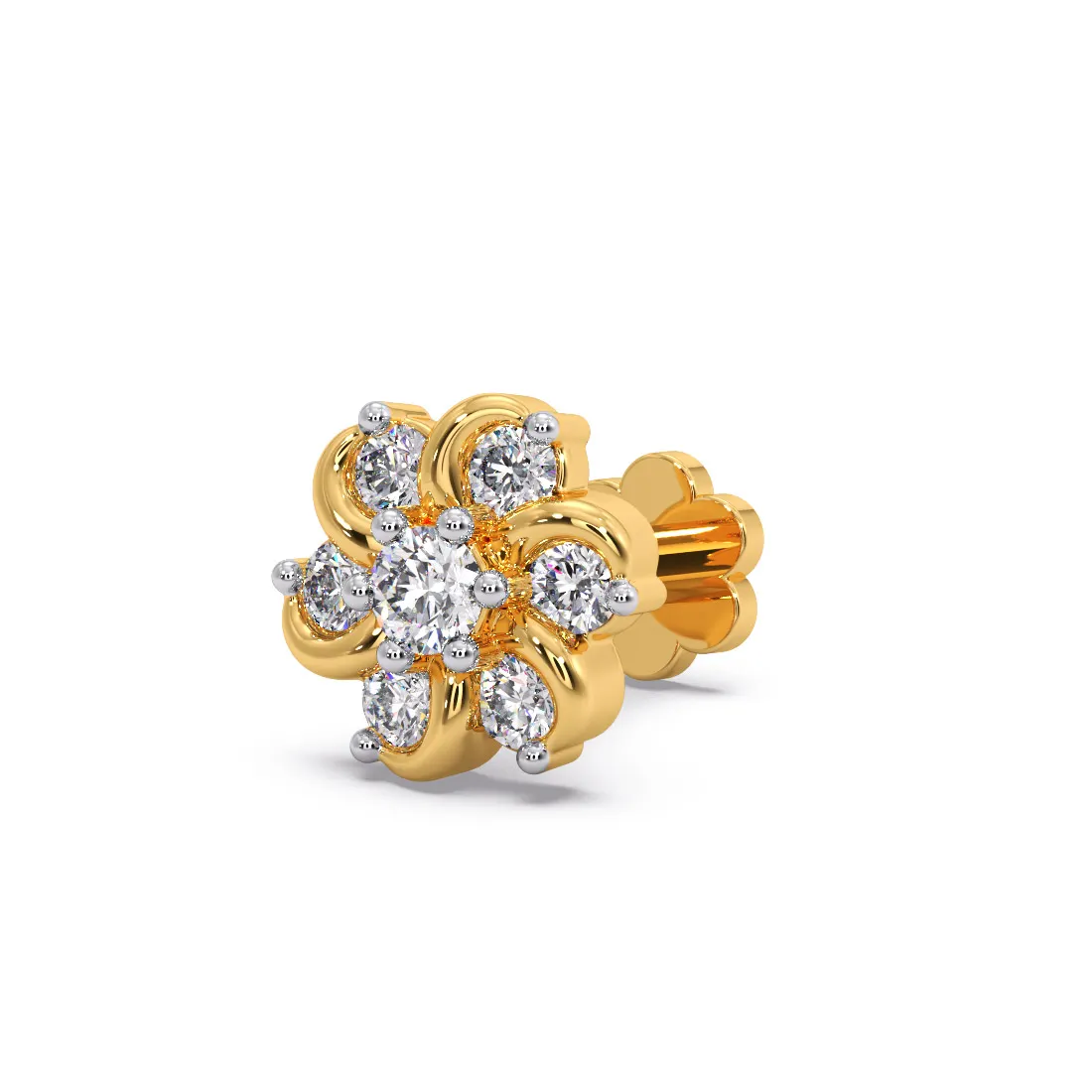 Elegant Floral Cluster Diamond Nose Pin in Curved Gold Petal Design - Image 3