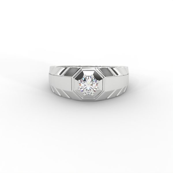 Men’s Solitaire Ring with Octagon Bezel and Carved Band - Image 9