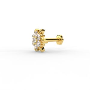 Diamond Floral Nose Pin with Polished Gold Petal Accents in Bloom - Image 2