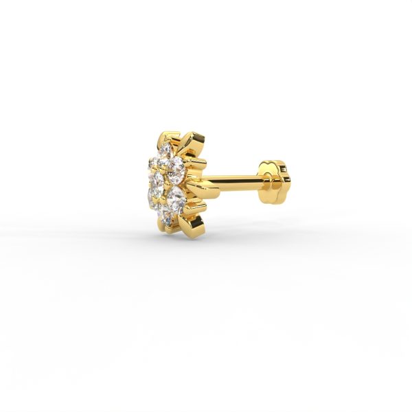 Diamond Floral Nose Pin with Polished Gold Petal Accents in Bloom - Image 2