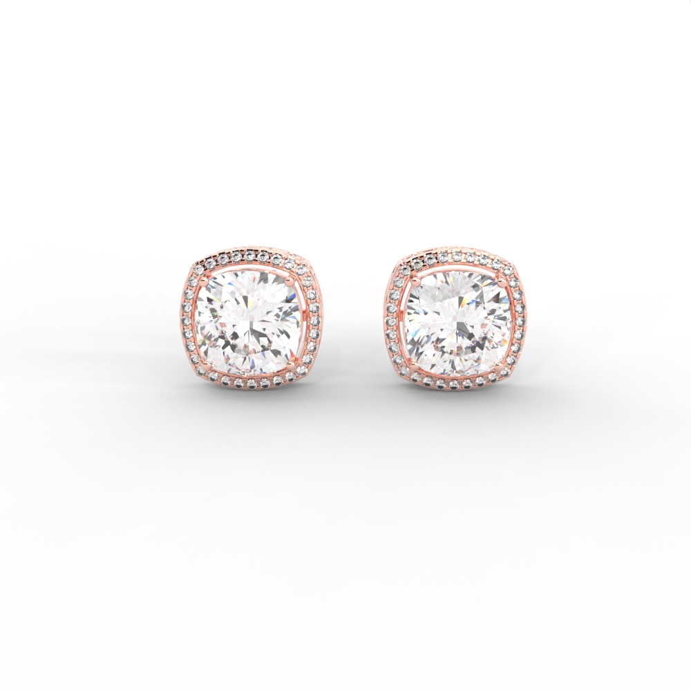 Cushion Halo Diamond Stud Earrings in Yellow, Rose & White Gold - Image 5