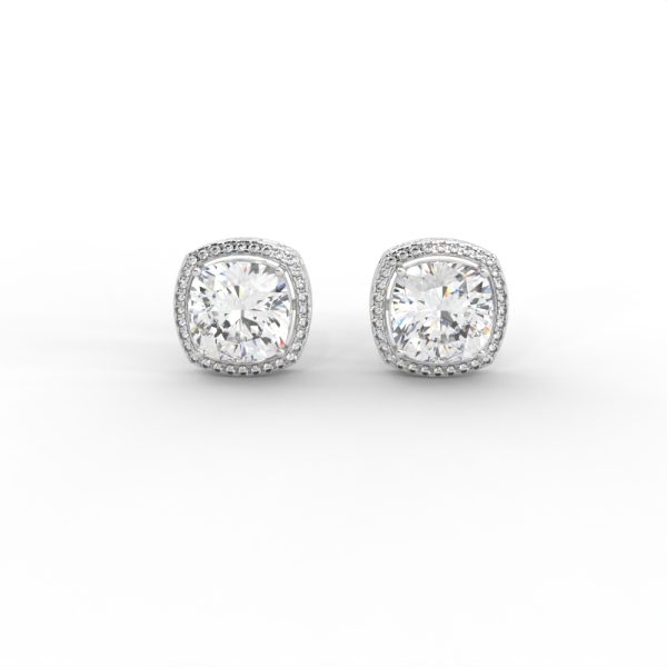 Cushion Halo Diamond Stud Earrings in Yellow, Rose & White Gold - Image 9