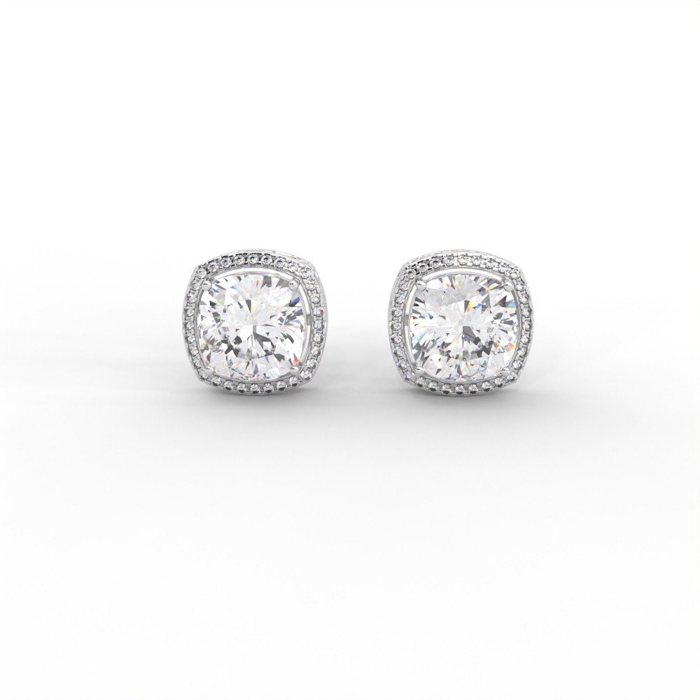 Cushion Halo Diamond Stud Earrings in Yellow, Rose & White Gold - Image 9