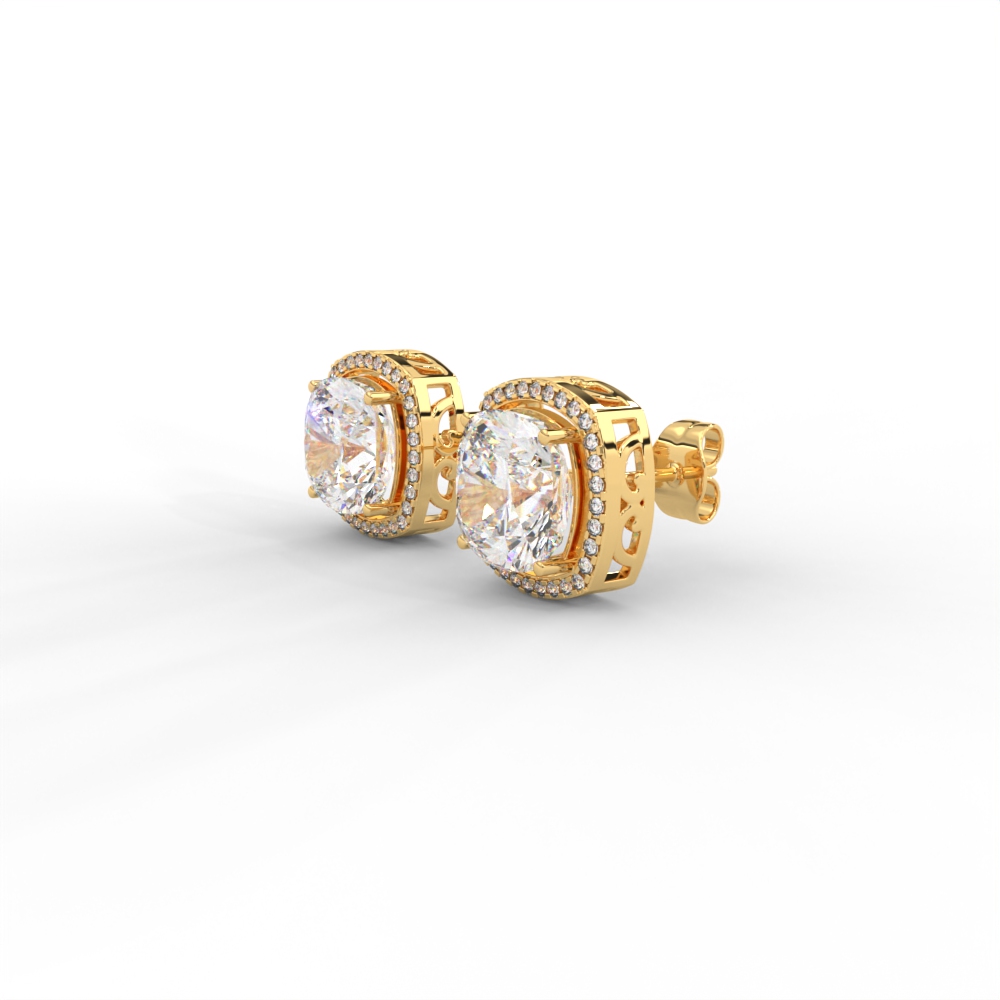 Cushion Halo Diamond Stud Earrings in Yellow, Rose & White Gold - Image 2