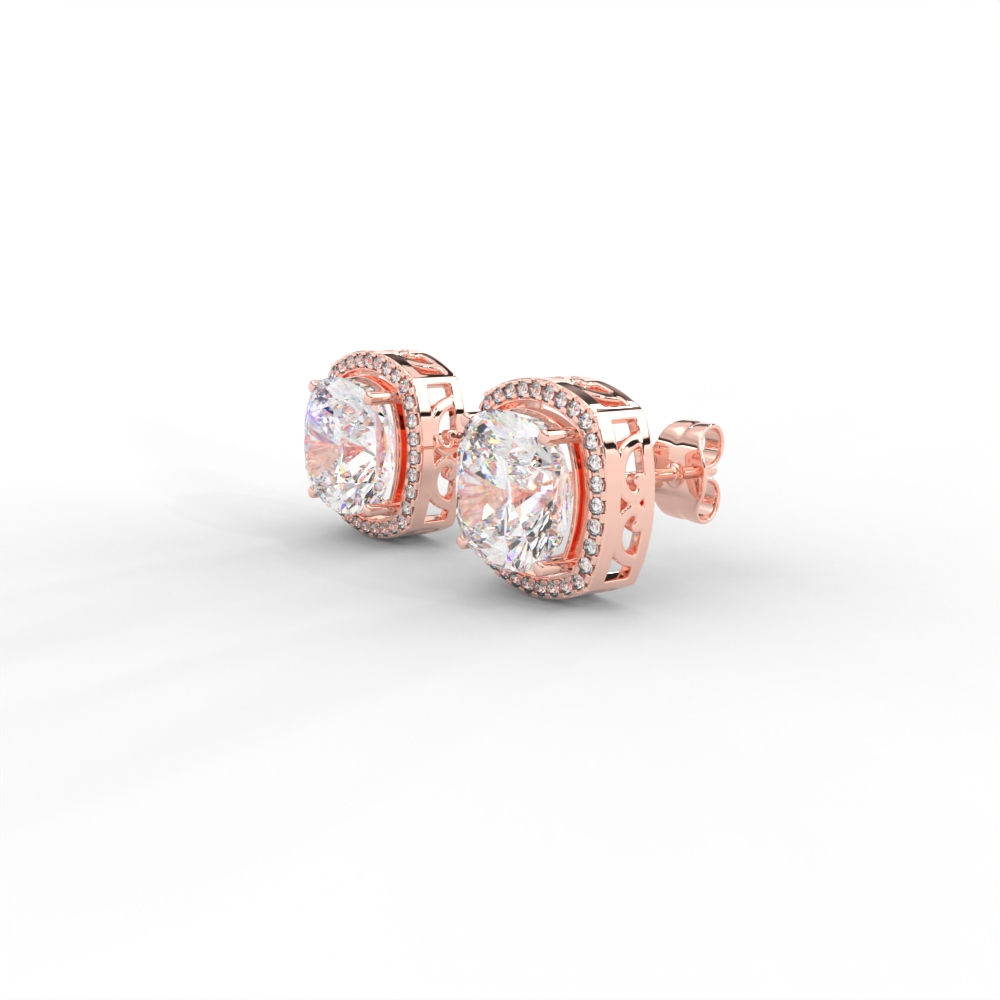 Cushion Halo Diamond Stud Earrings in Yellow, Rose & White Gold - Image 6