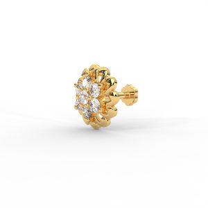 Floral Twist Diamond Nose Pin in Yellow Gold with Designer Petal Frame - Image 2