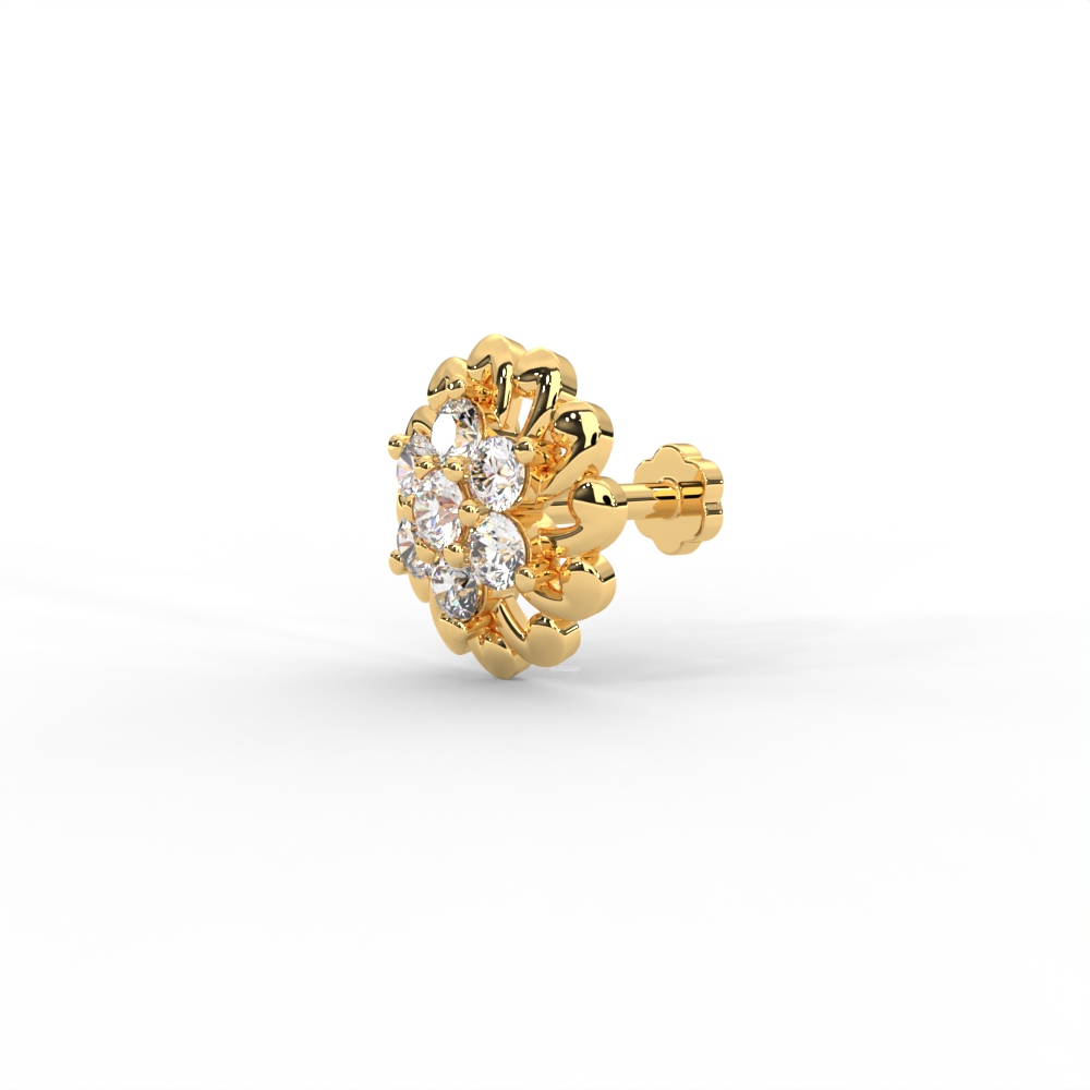 Floral Twist Diamond Nose Pin in Yellow Gold with Designer Petal Frame - Image 2
